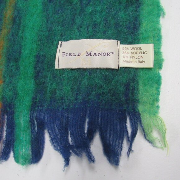 Vtg Field Manor Wool Blend Furry Plaid Scarf Fringe Edge Made in Italy 12" x 62" - Picture 3 of 3